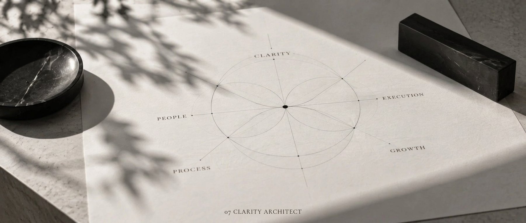 Fotografie alb-negru: o schiță pe hârtie cu un cerc și axe marcate CLARITY, EXECUTION, GROWTH, PROCESS, PEOPLE, pe o masă de piatră